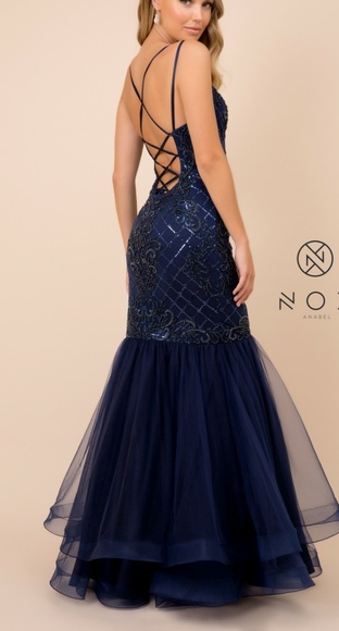 Navy blue prom dress, formal long mermaid open back gown - Picture 4 of 7